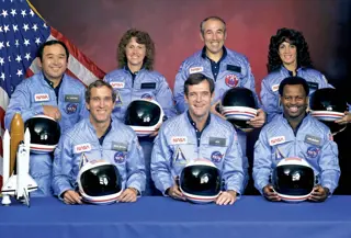 Crew of the Challenger 51-L mission: (back row, left to right) Ellison Onizuka, Christa McAuliffe, Gregory Jarvis, and Judith Resnik; (front row, left to right) Michael Smith, Francis (Dick) Scobee, Ronald McNair, November 1985.