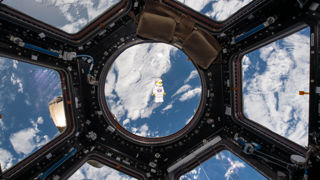 LEGO minifigure floating in the Cupola onboard the ISS