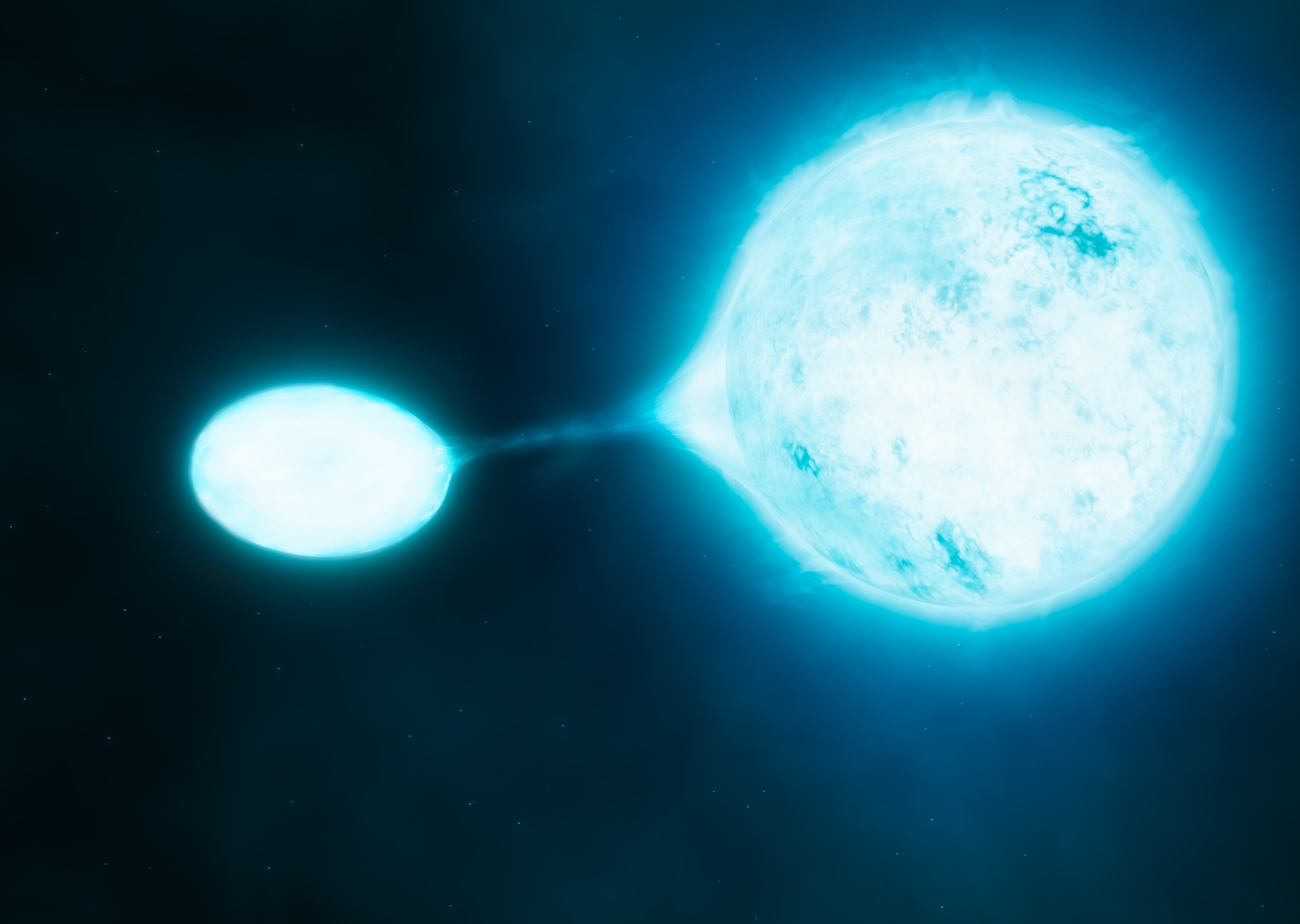 New research using data from European Southern Observatory telescopes, including the Very Large Telescope, has revealed that the hottest and brightest stars, known as O stars, are often found in close pairs. Many of these binaries transfer mass from one star to another, a kind of stellar vampirism depicted in this artist's impression.