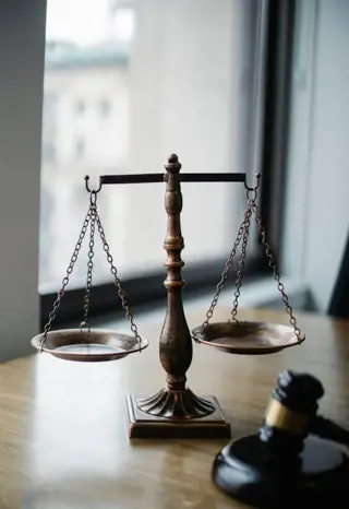 A close-up photo of a justice weight scale and a gavel. 