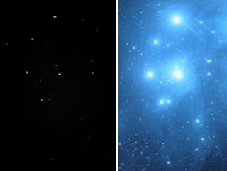 Left: Messier 45 – The Pleiades star cluster. Celestron Astromaster LT 76 AZ, Iphone XS. Right: Messier 45 through a s[ace telescope.