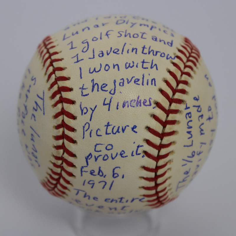 Baseball written on and signed by Edgar Mitchell, Apollo 14 astronaut.
