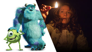 Promotional graphic featuring characters from Monsters, Inc. alongside a woman holding a lit match from The Conjuring, separated by a diagonal divide