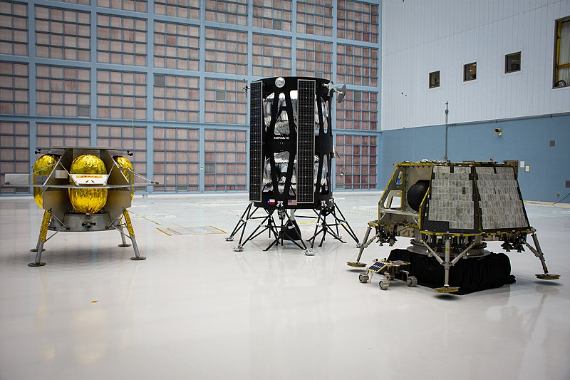 Models of the first three commercial landers selected for the program. Left to right: Peregrine by Astrobotic Technology, Nova-C by Intuitive Machines, and Z-01 by OrbitBeyond. 