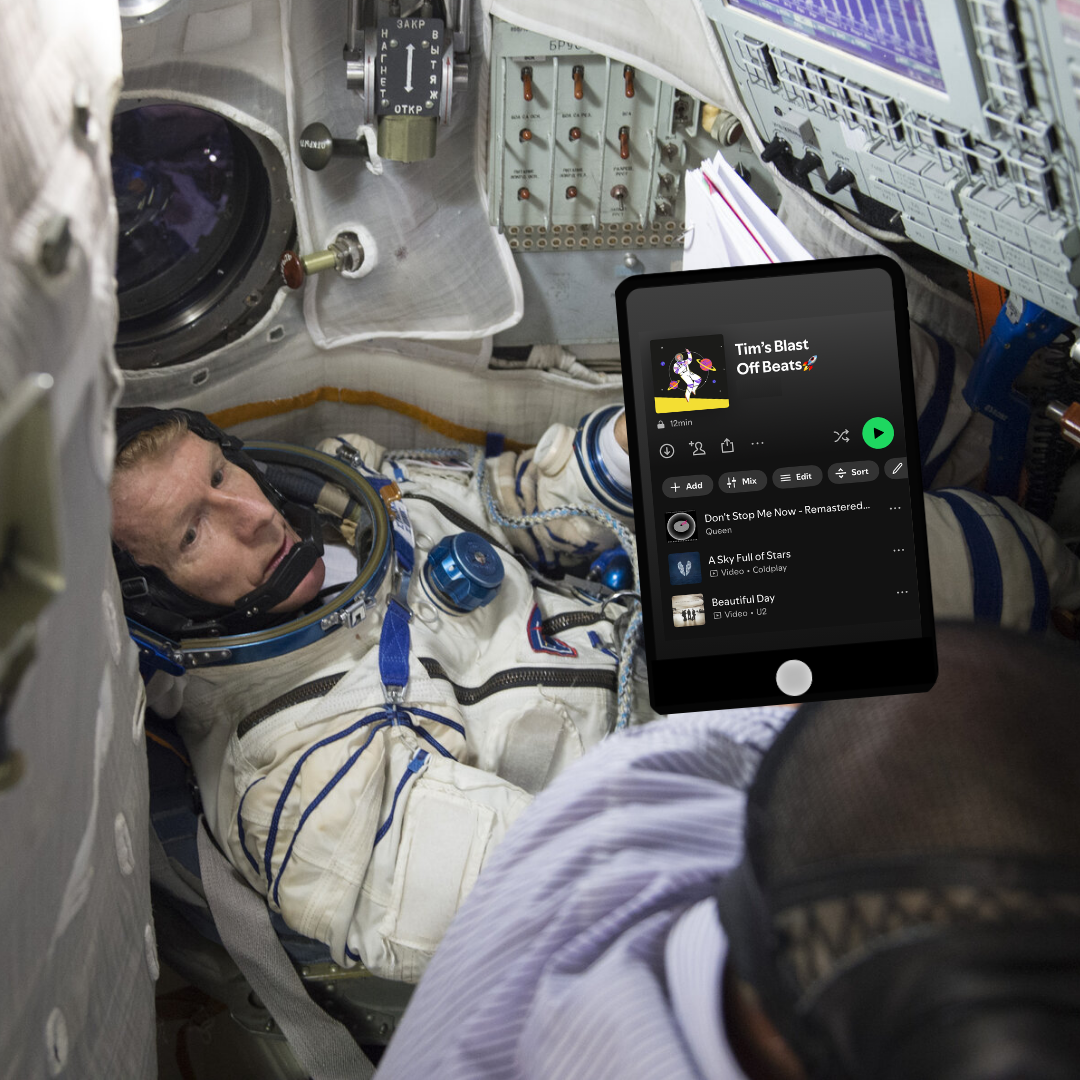 Tim Peake in capsule with image of playlist