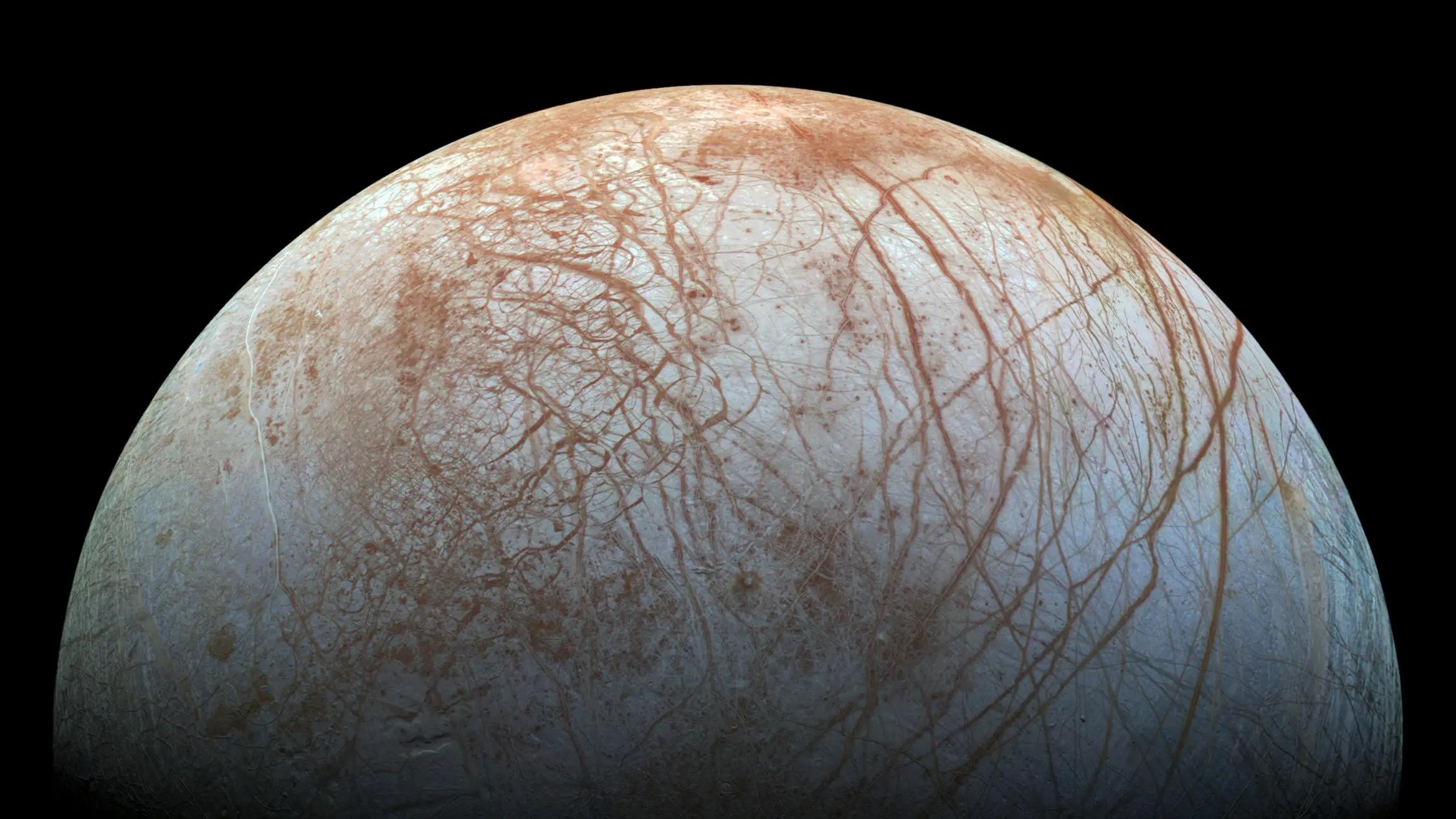 A composite image of Europa's surface, made using data from the Galileo spacecraft.