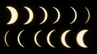 Composite image of Solar Eclipse on 8th April 2024 to show different stages of the eclipse.