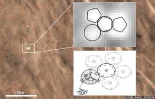 Beagle 2 on the surface of Mars with overlay.