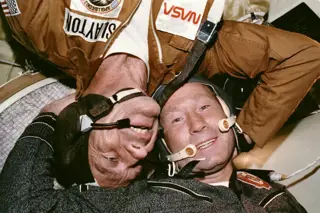 Deke Slayton and Alexei Leonov on board the joint Apollo-Soyuz mission
