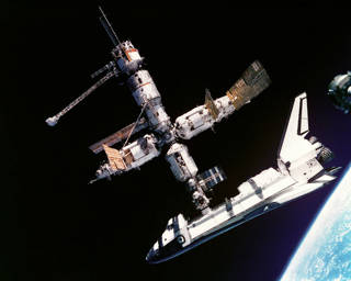 Space Shuttle Atlantis docked to Mir in 1995.
