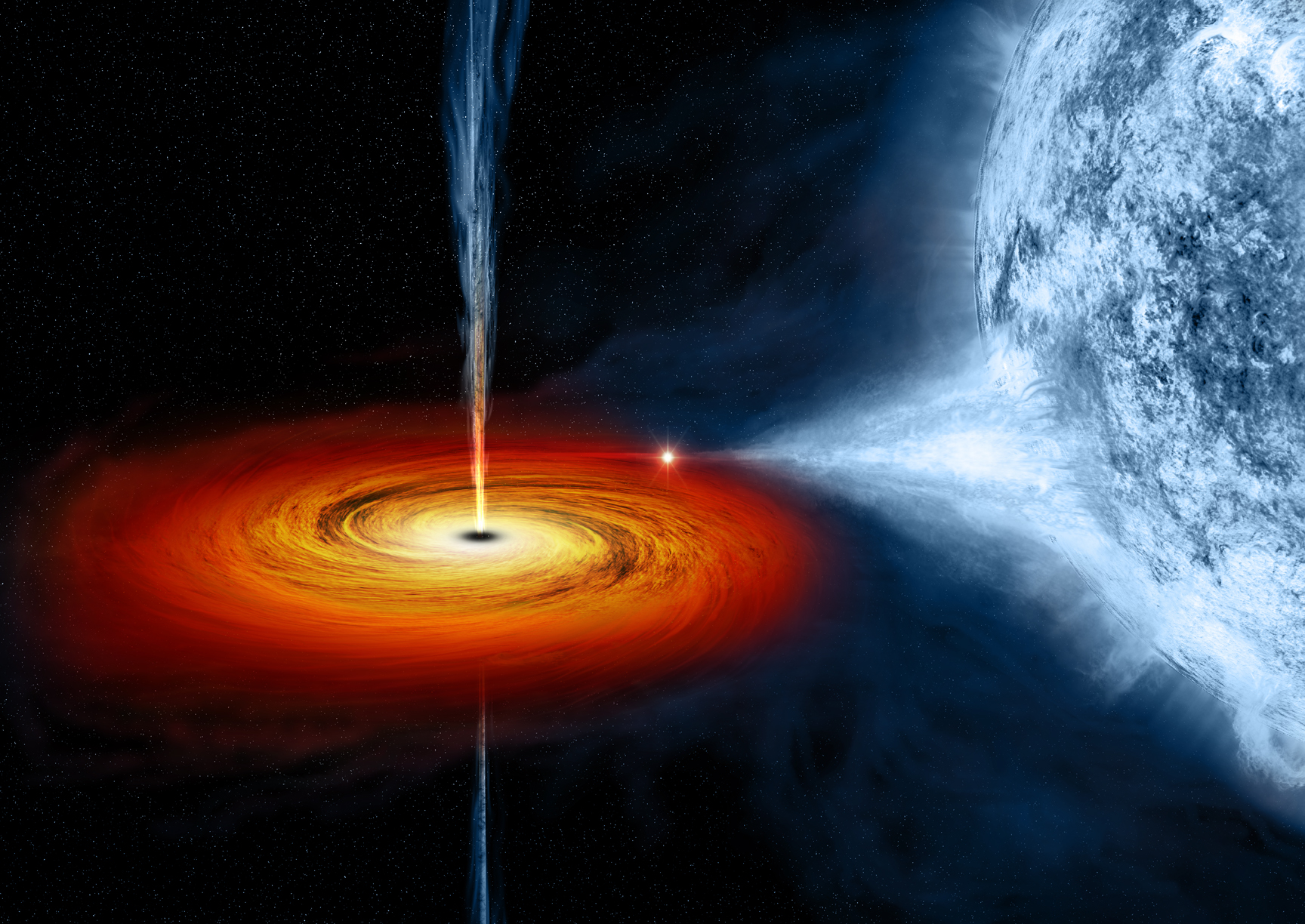 An artist's drawing of a black hole named Cygnus X-1. This black hole pulls matter from a blue star beside it.