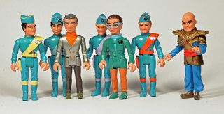 Toys of the main characters from the TV show Thunderbirds.
