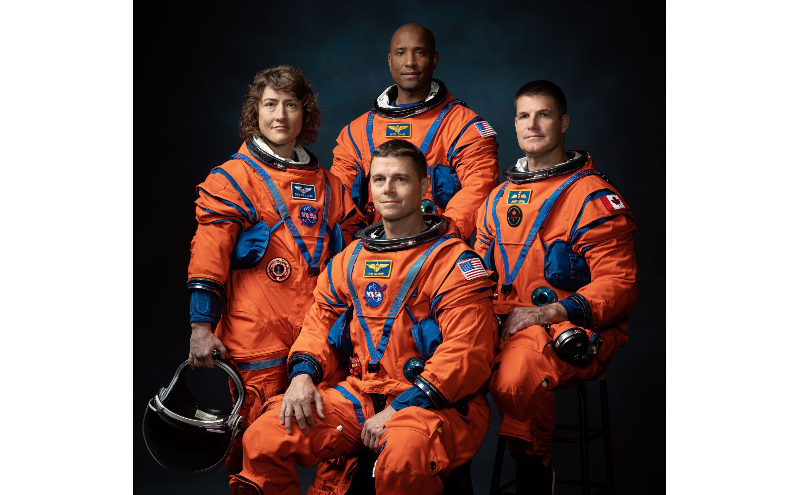 (Clockwise from far left) Christina Koch, Victor Glover, Jeremy Hansen and Reid Wiseman - crew of Artemis II.