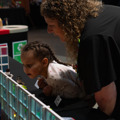 Young child and adult looking at a LEGO exhibition at the Brickish Weekend