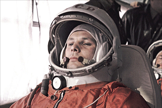 Yuri Gagarin en route to the launch pad for his flight on Vostok 1