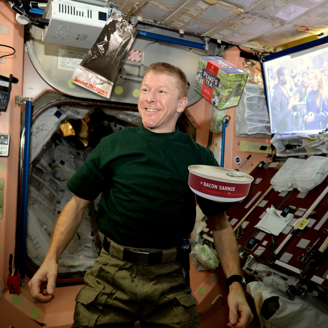 Tim with flying meal items